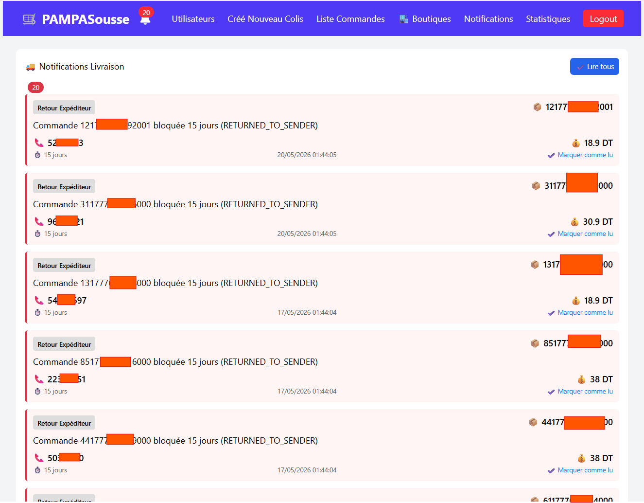 Notifications livraison pour commandes bloquées depuis 15 jours