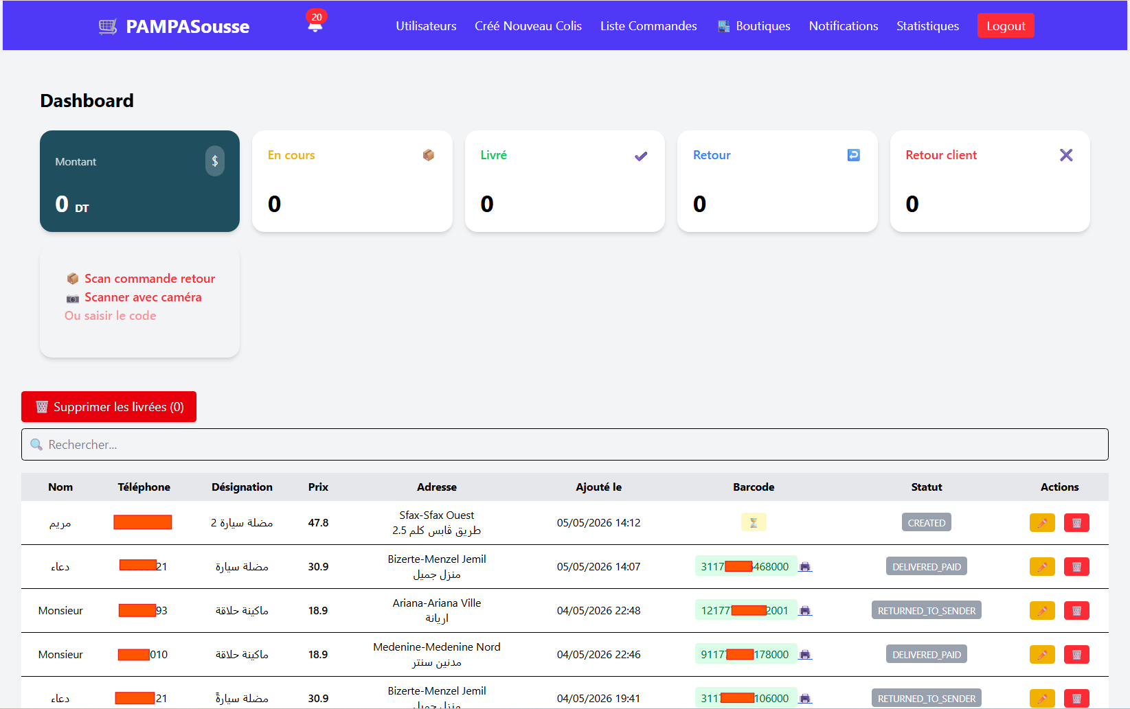 Tableau de bord des commandes PAMPASousse avec statuts et actions